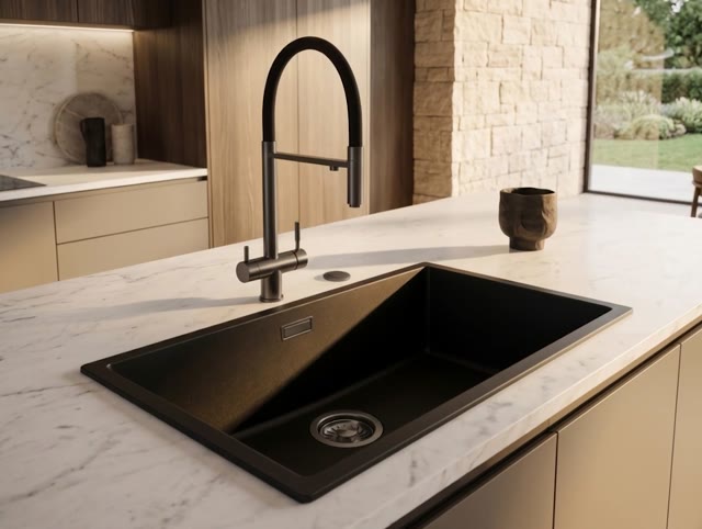 Pure.Sink Eternal Quartz Zwarte Spoelbak 70x40 cm Onderbouw en Opbouw met Automatische Gun metal plug