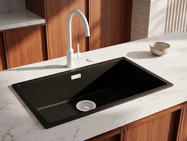Pure.Sink Eternal Quartz Zwarte Spoelbak 70x40 cm Onderbouw en Opbouw met Automatische Witte plug