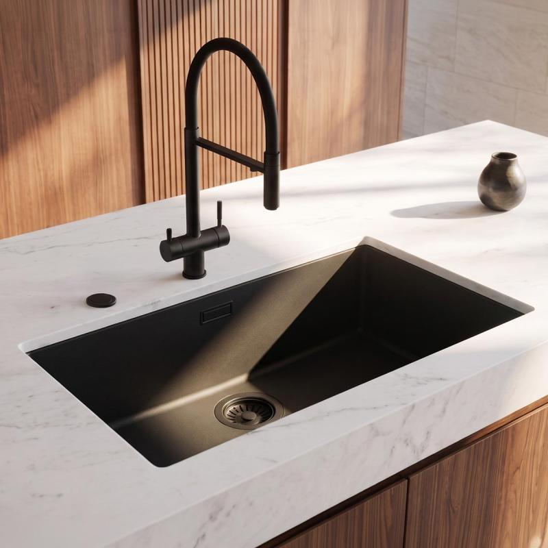 Pure.Sink Eternal Quartz Zwarte Spoelbak 70x40 cm Onderbouw en Opbouw met Automatische Zwarte plug