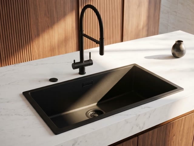 Pure.Sink Eternal Quartz Zwarte Spoelbak 70x40 cm Onderbouw en Opbouw met Automatische Zwarte plug