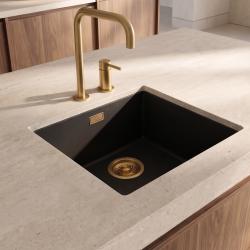 Pure.Sink Eternal Évier Quartz noir 40 x 40 cm, à encastrer à fleur de plan de travail ou sous plan, avec bouchon doré