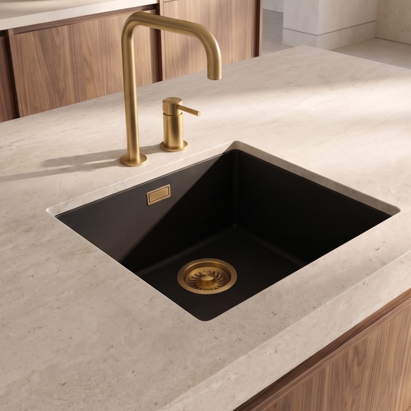 Pure.Sink Eternal Quartz Zwarte Spoelbak 40x40 cm Vlakinbouw en Onderbouw met Gouden plug