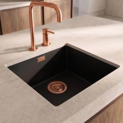 Pure.Sink Eternal Évier Quartz noir 40 x 40 cm, à encastrer à fleur ou en sous-plan, avec bouchon en cuivre