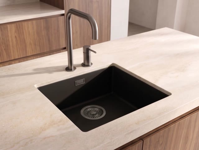 Pure.Sink Eternal Quartz Zwarte Spoelbak 40x40 cm Vlakinbouw en Onderbouw met Gun metal plug