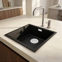 Pure.Sink Eternal Czarna umywalka Quartz 40 x 40 cm do montażu wpuszczanego i podblatowego z białą zatyczką