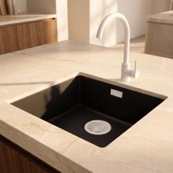 Pure.Sink Eternal Évier Quartz noir 40 x 40 cm, à encastrer à fleur ou en sous-plan, avec bouchon blanc