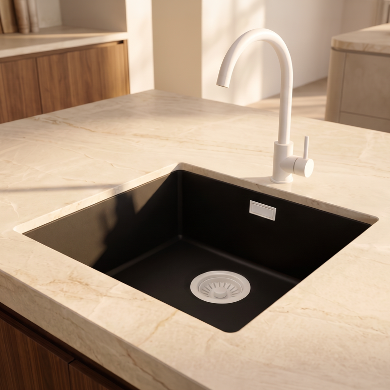 Pure.Sink Eternal Quartz Zwarte Spoelbak 40x40 cm Vlakinbouw en Onderbouw met Witte plug