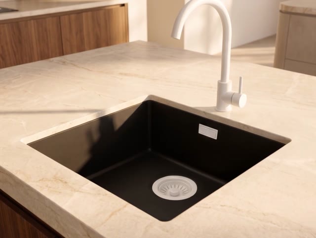 Pure.Sink Eternal Quartz Zwarte Spoelbak 40x40 cm Vlakinbouw en Onderbouw met Witte plug