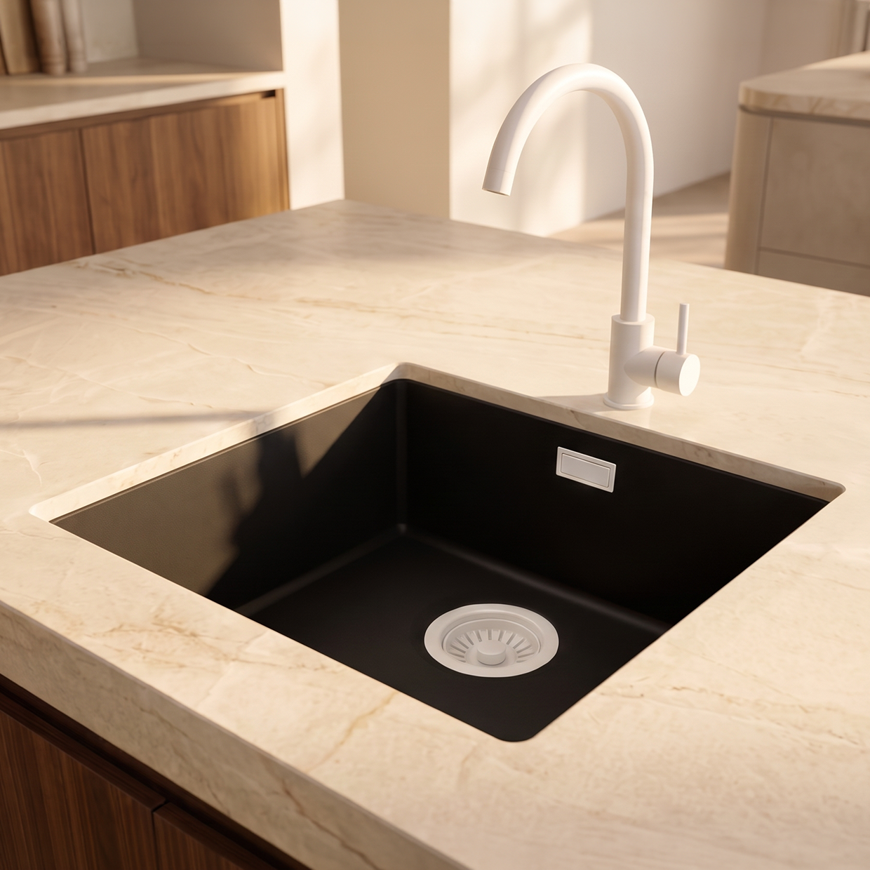 Pure.Sink Eternal Quartz Black Sink 40x40 cm Flush Mount and Undermount with White Plug
