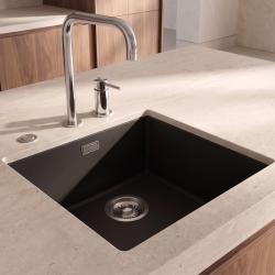 Pure.Sink Eternal Évier Quartz noir 40 x 40 cm, à encastrer à fleur ou en sous-plan, avec bouchon automatique en acier inoxydable
