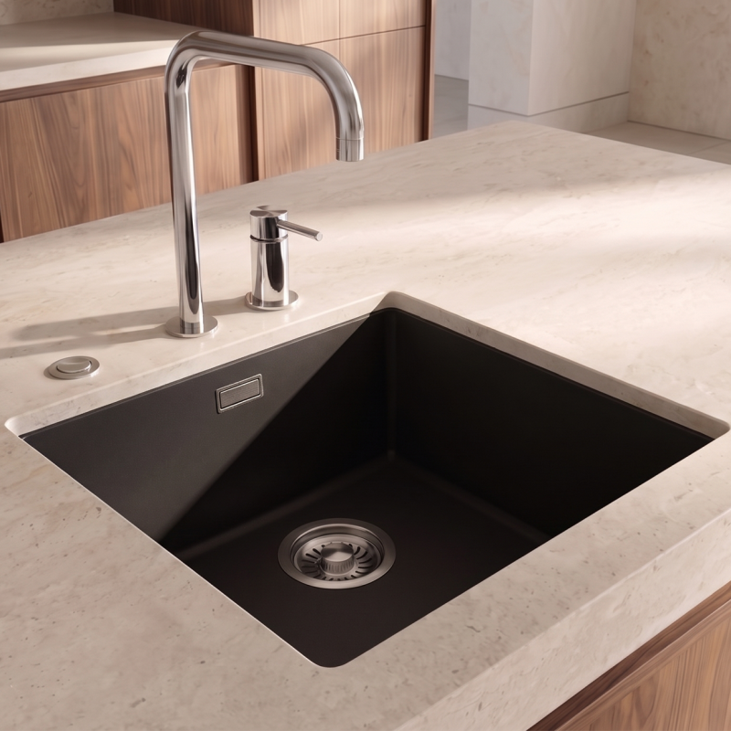 Pure.Sink Eternal Quartz Zwarte Spoelbak 40x40 cm Vlakinbouw en Onderbouw met Automatische RVS plug