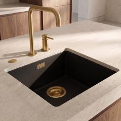 Pure.Sink Eternal Évier Quartz noir 40 x 40 cm, à encastrer à fleur de plan de travail ou sous plan, avec bouchon automatique doré