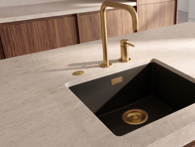 Pure.Sink Eternal Quartz Zwarte Spoelbak 40x40 cm Vlakinbouw en Onderbouw met Automatische Gouden plug