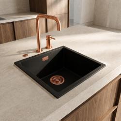 Pure.Sink Eternal Кварцова черна мивка 40x40 см за вграждане в плот и под плот с автоматичен меден запушал