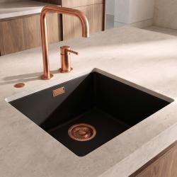 Pure.Sink Eternal Évier Quartz noir 40 x 40 cm, à encastrer à fleur de plan de travail ou sous plan, avec bouchon automatique en cuivre