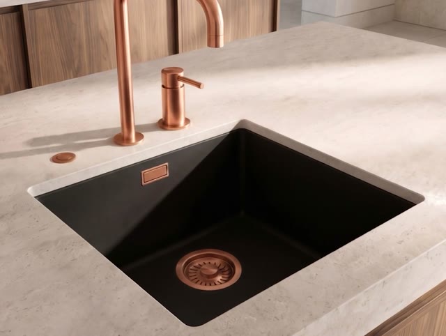 Pure.Sink Eternal Quartz Zwarte Spoelbak 40x40 cm Vlakinbouw en Onderbouw met Automatische Koperen plug