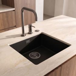 Pure.Sink Eternal Évier Quartz noir 40 x 40 cm, à encastrer à fleur de plan de travail ou sous plan, avec bouchon à fermeture automatique « » Gun metal 