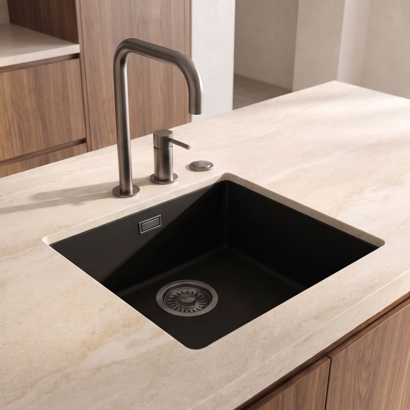 Pure.Sink Eternal Quartz Zwarte Spoelbak 40x40 cm Vlakinbouw en Onderbouw met Automatische Gun metal plug