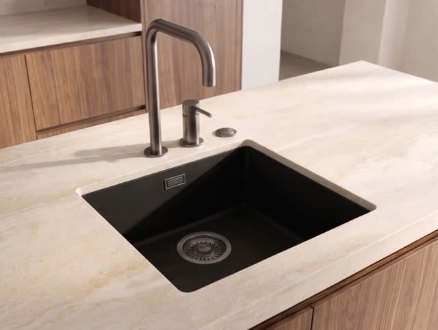 Pure.Sink Eternal Quartz Zwarte Spoelbak 40x40 cm Vlakinbouw en Onderbouw met Automatische Gun metal plug