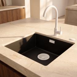 Pure.Sink Eternal Évier Quartz noir 40 x 40 cm, à encastrer à fleur ou en sous-plan, avec bouchon blanc automatique
