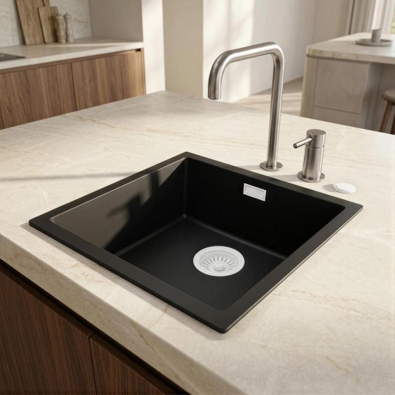 Pure.Sink Eternal Quartz Zwarte Spoelbak 40x40 cm Vlakinbouw en Onderbouw met Automatische Witte plug