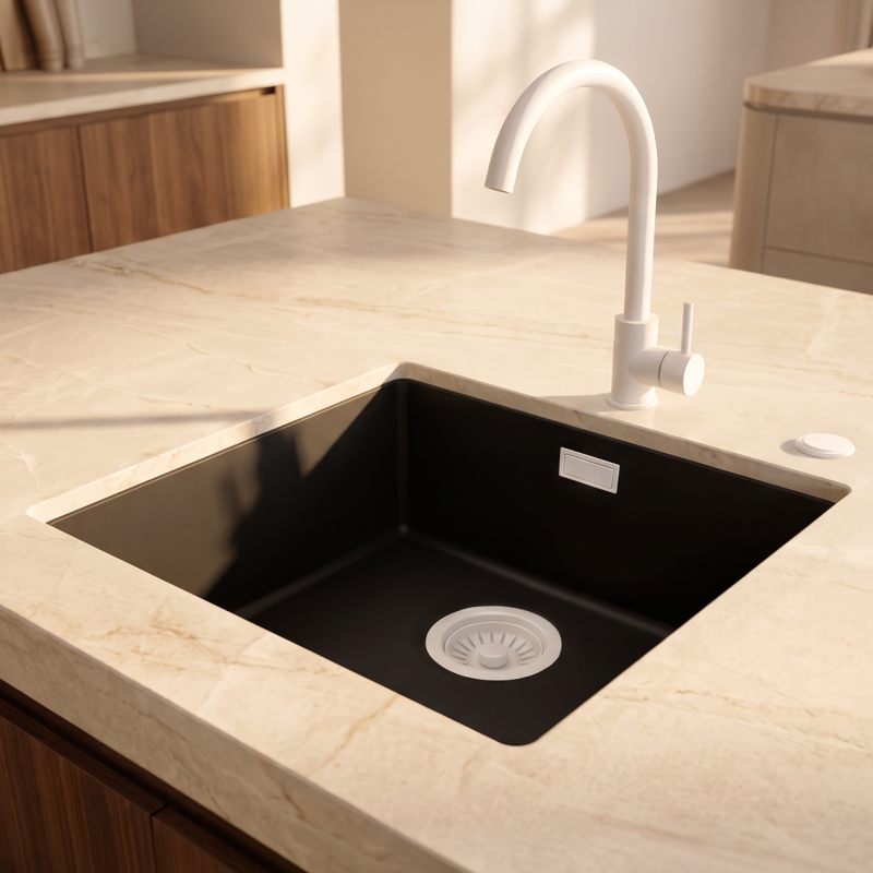Pure.Sink Eternal Quartz Zwarte Spoelbak 40x40 cm Vlakinbouw en Onderbouw met Automatische Witte plug