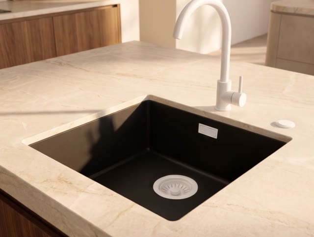 Pure.Sink Eternal Quartz Zwarte Spoelbak 40x40 cm Vlakinbouw en Onderbouw met Automatische Witte plug