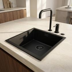Pure.Sink Eternal Кварцова черна мивка 40x40 см за вграждане в плот и под плот с автоматичен черен запушал
