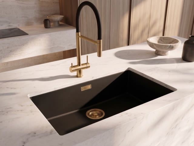 Pure.Sink Eternal Quartz Zwarte Spoelbak 70x40 cm Vlakinbouw en Onderbouw met Gouden plug