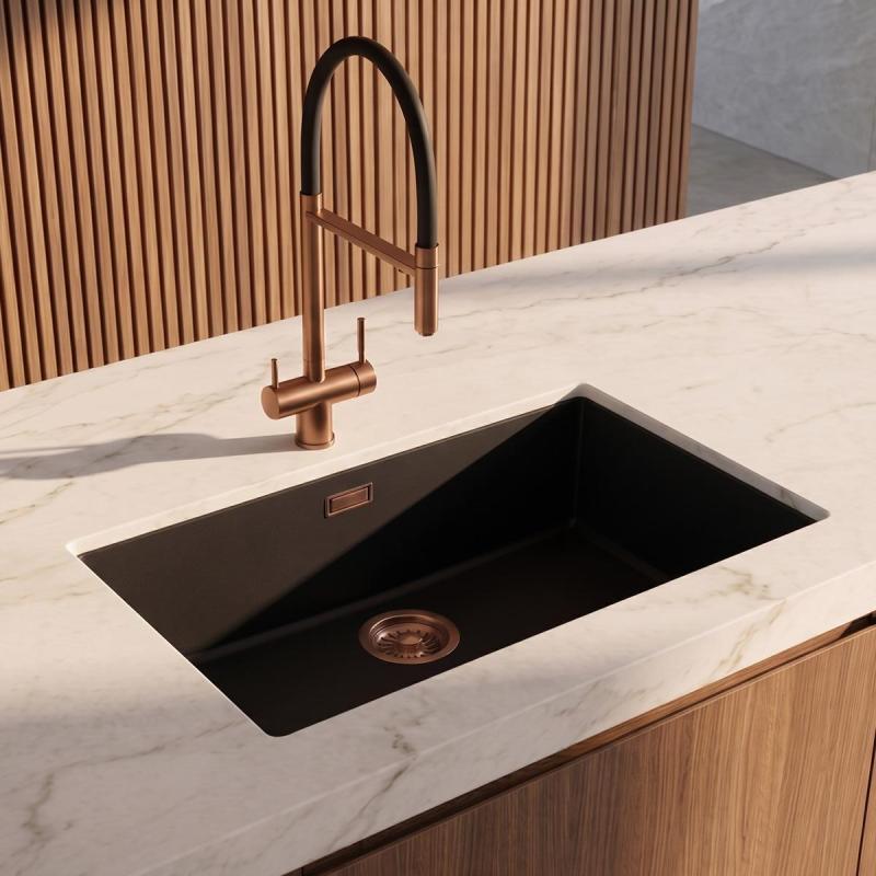 Pure.Sink Eternal Quartz Zwarte Spoelbak 70x40 cm Vlakinbouw en Onderbouw met Koperen plug