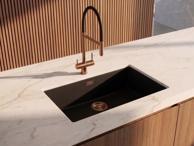Pure.Sink Eternal Quartz Zwarte Spoelbak 70x40 cm Vlakinbouw en Onderbouw met Koperen plug