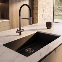 Pure.Sink Eternal Quartz Black Sink 70x40 cm, Flush-Mount and Under-Counter, with " " Plug Gun metal 
