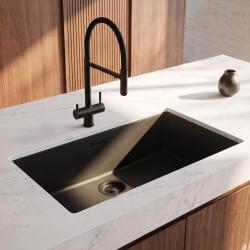 Pure.Sink Eternal Quartz Black Sink, 70x40 cm, Flush-Mount and Under-Counter, with Black Plug