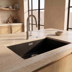 Pure.Sink Eternal Quartz Black Sink, 70x40 cm, Flush-Mount and Under-Counter, with Automatic Stainless Steel Stopper