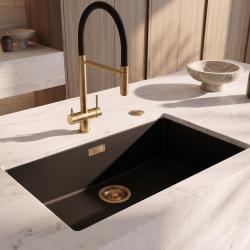 Pure.Sink Eternal Quartz Black Sink, 70x40 cm, Flush-Mount and Under-Counter, with Automatic Gold Plug