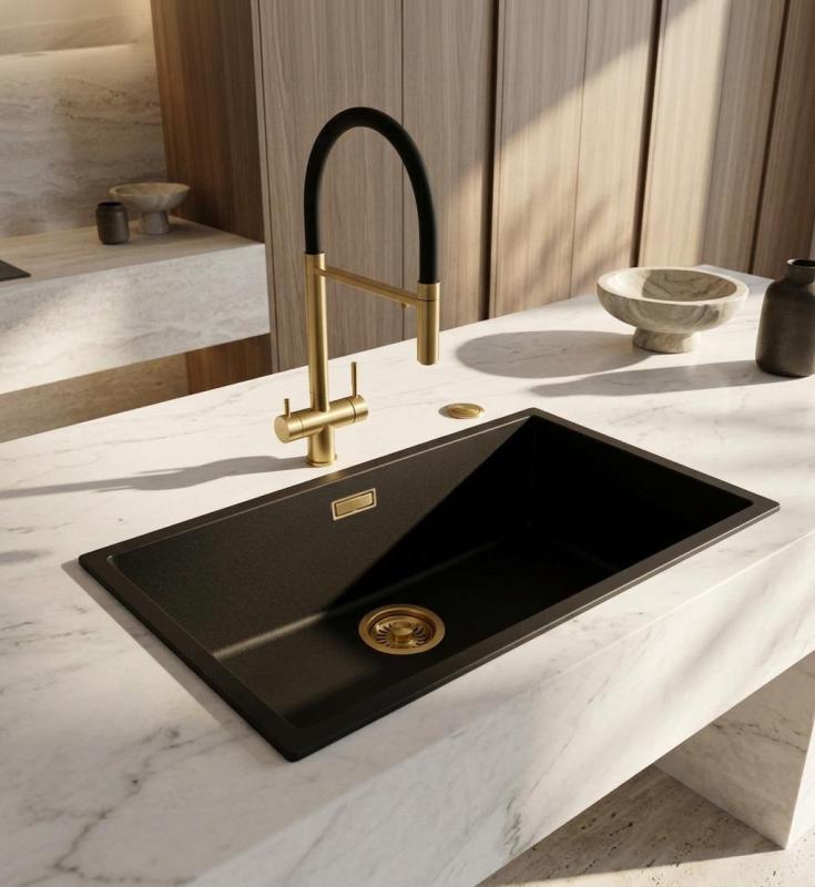 Pure.Sink Eternal Quartz Zwarte Spoelbak 70x40 cm Vlakinbouw en Onderbouw met Automatische Gouden plug