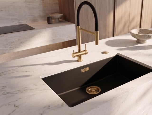 Pure.Sink Eternal Quartz Zwarte Spoelbak 70x40 cm Vlakinbouw en Onderbouw met Automatische Gouden plug