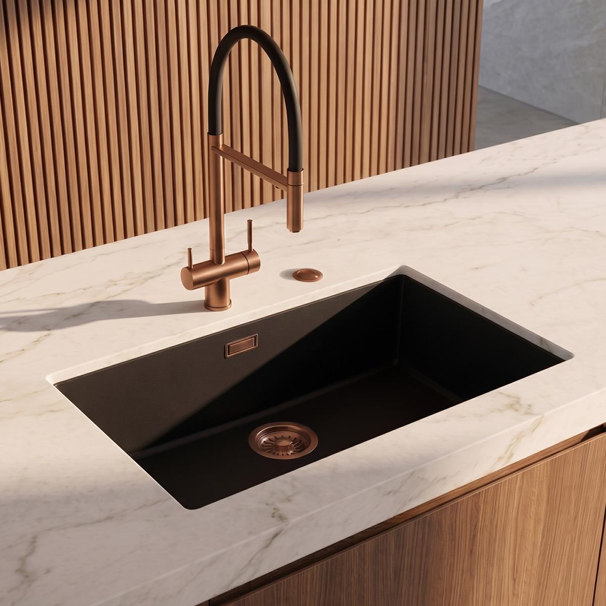 Pure.Sink Eternal Quartz Black Sink 70x40 cm Flush Mount and Undermount with Automatic Copper Plug