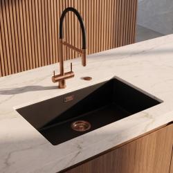 Pure.Sink Eternal Quartz Black Sink, 70x40 cm, Flush-Mount and Under-Mount, with Automatic Copper Stopper