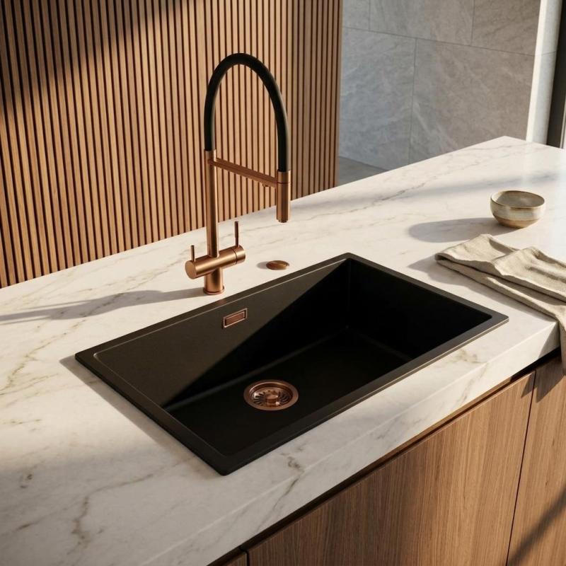 Pure.Sink Eternal Quartz Zwarte Spoelbak 70x40 cm Vlakinbouw en Onderbouw met Automatische Koperen plug