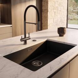 Pure.Sink Eternal Quartz Black Sink, 70x40 cm, Flush-Mount and Under-Counter, with Automatic " " Plug Gun metal 