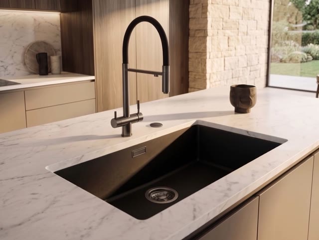 Pure.Sink Eternal Quartz Zwarte Spoelbak 70x40 cm Vlakinbouw en Onderbouw met Automatische Gun metal plug