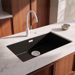 Pure.Sink Eternal Quartz Black Sink, 70x40 cm, Flush-Mount and Under-Counter, with Automatic White Stopper