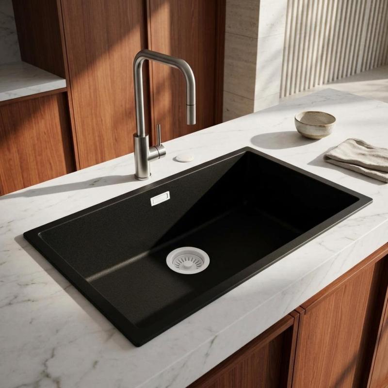 Pure.Sink Eternal Quartz Zwarte Spoelbak 70x40 cm Vlakinbouw en Onderbouw met Automatische Witte plug