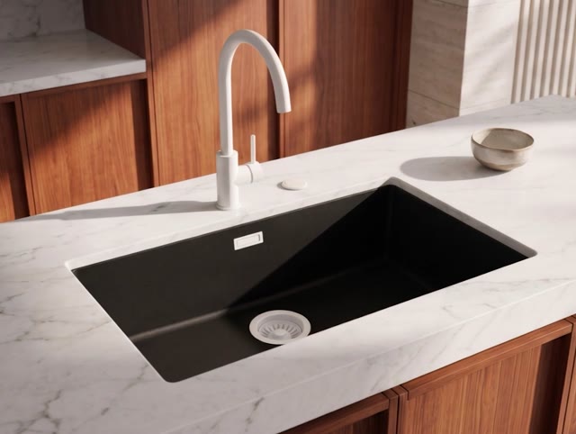 Pure.Sink Eternal Quartz Zwarte Spoelbak 70x40 cm Vlakinbouw en Onderbouw met Automatische Witte plug