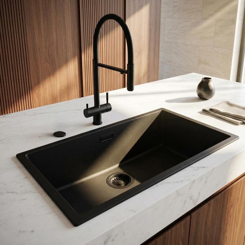 Pure.Sink Eternal Quartz Zwarte Spoelbak 70x40 cm Vlakinbouw en Onderbouw met Automatische Zwarte plug
