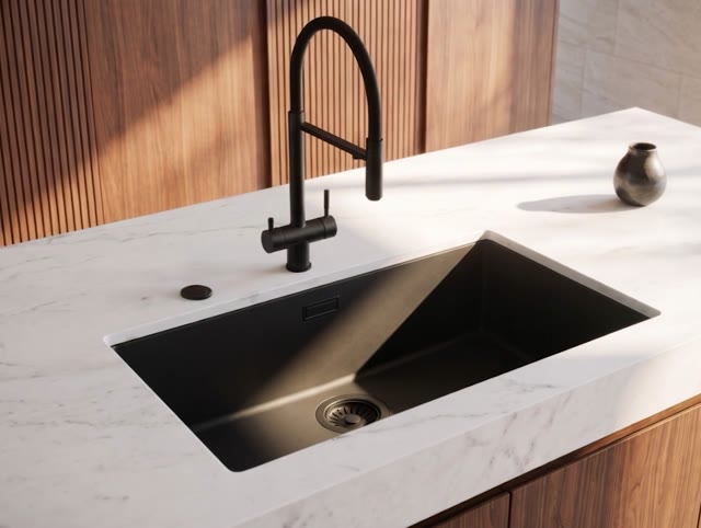 Pure.Sink Eternal Quartz Zwarte Spoelbak 70x40 cm Vlakinbouw en Onderbouw met Automatische Zwarte plug