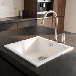 Pure.Sink Eternal Évier en quartz blanc 40 x 40 cm, à encastrer ou à poser, avec bouchon en acier inoxydable