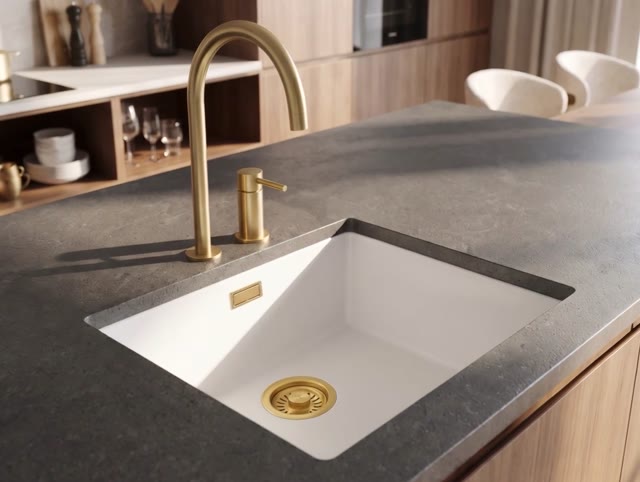 Pure.Sink Eternal Quartz Witte Spoelbak 40x40 cm Onderbouw en Opbouw met Gouden plug