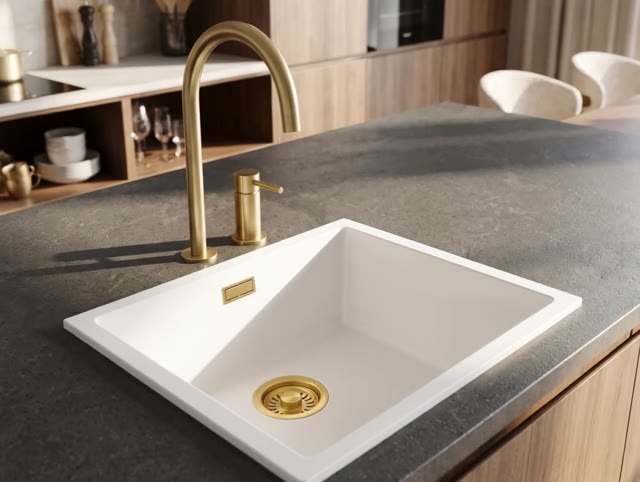 Pure.Sink Eternal Quartz Witte Spoelbak 40x40 cm Onderbouw en Opbouw met Gouden plug